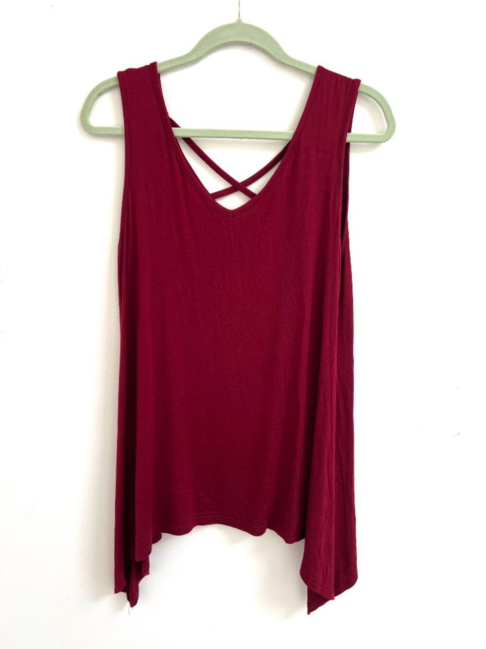 Burgundy Criss Cross V Neck Sharkbite Hem Cotton Tank Tunic Top One Size